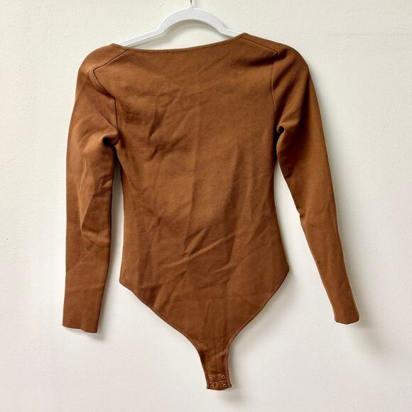 Zeynep Arcay Stretch-Knit Long Sleeve Sweetheart Neck Bodysuit Brown Women's 4 - Picture 4 of 6